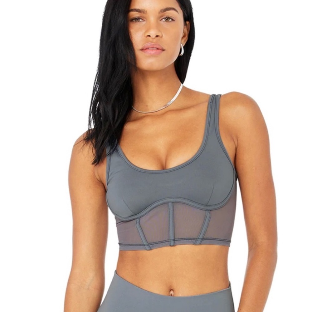 Alo Yoga airbrush mesh corset tank in blue steel